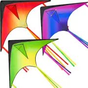 JOYIN 3 Packs Large Delta Kite Orange, Green and Purple, Easy to Fly Huge Kit...