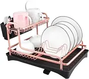 Tomorotec Never Rust Aluminum Dish Rack and Drain Board with Utensil Holder, 2-Tier Kitchen Plate Cup Dish Drying Rack Tray Cutlery Dish Drainer (Matt Rose Gold)
