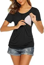 [Generic] Maternity Blouses for Women Women's Maternity Tops Breastfeeding Tank Top Shirt Double Layer Soft Short Sleeve Pregnancy Clothes Maternity Print Leggings Over The Belly (b-Black, S)