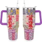 Pioneer Women Tumbler with Handle and Silicone Straws - 40 Oz Flower Cups Insula