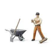 Bruder Licensed 1:16 Scale Bworld Municiple Worker Figure Set With Barrow & Tools