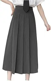 [Zzalalana] Womens Elastic High Waisted A Line Plain Midi Swing Pleated Skirts Shirring School Girl Uniform Long Skirt