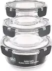 3x Stackable Glass Round Containers Food Meal Storage Different Sizes Lunch Box