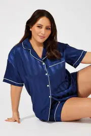 Blue Stripe Satin Pyjamas Set Short Sleeve