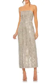 Mac Duggal Embellished Strapless Midi Dress in Beige/silver at Nordstrom, Size 14