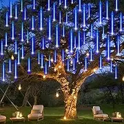 WAKAKA 2 Pack Solar String Lights Outdoor Waterproof, Blue Meteor Shower Rain Lights 11.8in 16 Tubes 288 LED, Falling Raindrop Solar Icicle Lights