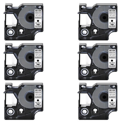 6PK Black on Silver Label Tape 1/2"*23ft For DYMO D1 45022 LabelManager 160 450