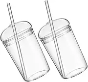 GLEAVI 2pcs Latte Cup Glass Container Straw Drink Cup Lid Reusable Straws Drinking Lid