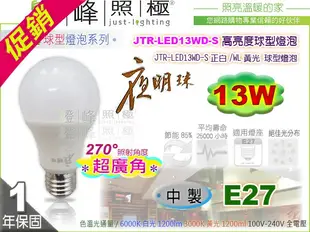 【優質小廠】夜明珠 E27 LED球泡．13W 270°超廣角 陸製 全電壓 節能省電 特價#JTR-LED13W【燈峰照極】