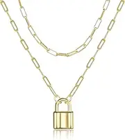[ALEXCRAFT] Silver Lock Necklace for Women Girls, Silver and Gold Paperclip Link Chain Padlock Necklace Non-Tarnish Necklace for Women