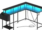 L Shaped Gaming Desk with Power Outlets & LED Lights,Computer Desk With Monitor
