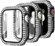 (3 Pack) T Tersely Crystal Diamond Bling Case for Apple Watch Series 8/6/5/4/SE- 40mm/41mm/44mm with Tempered Glass Screen Protector,Rhinestone Protective Bumper Overall Coverfor iwatch 40mm/41mm/44mm (Black*3, 41MM)
