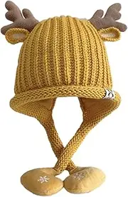 [Baluue] Pompom Hat with Ear Flaps Warm Crochet Beanie for Newborns Cute Antler Design for Winter Photos Soft and Comfortable Knit Cap for Delicate Skin Yellow