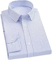 [Kiioouu] Men's Classic Long Sleeve Plaid/Striped Basic Dress Shirts Single Patch Pocket Formal Business Office Black Shirt