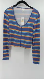 Self Esteem Junior's Striped Zip Front Crop Top Blue Size Small