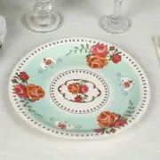 25 TURQUOISE 9" Paper Round Plates with Vintage Rose Flower Print Wedding