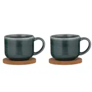 2x 2pc Ladelle Melange Stoneware/Cork 490ml Coffee Drink Mug & Coaster Set Teal
