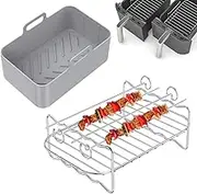 Uhjoe 2Pcs Air Fryer Accessories Set with Air Fryer Silicone Pot and Double Layer Rack with Skewer Reusable Air Fryer Liner with Handle Stainless Steel Air Fryer Rack with 4 Skewers