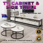 Fio 3pc Luxury Marble Look 2-in-1 Coffee Table, TV Cabinet & Side Table Storage