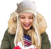 LeoLeozz Cat Ear Beanie Hat,Fisherman Hat Cat Ear Warm Plush Warm Cap Cute Beanie Hat | Comfortable Bucket Hat Winter Beanie Cap Fashion Drawstring for Women Girls (White,Large)