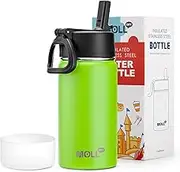 Mollcity Small Water Bottle for Kids-12 oz Stainless Steel Double Wall Vacuum Insulated Sports Water Bottle with Straw-Reusable Metal Water Flask for School (Apple Green)