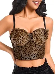 [ChiaoLezhee] Cheetah Corset Tops, Sexy Mesh Bustier, Going Out Outfits, Animal Print Crop Tops For Women Leopard Overbust Bra