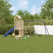 Outdoor Playset Solid Wood Pine Dim: 445x186x214 cm - Backyard Swing Set w/Rockwall, Slide & Double Swings - Durable Pinewood Climbing Frame for Kids Ages 3-8 -Sturdy & Safe Multi-Activity Playground