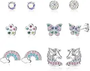 [Sanfenly] 6 Pairs 925 Sterling Silver Kids Earrings for Girls Silver Earrings Cubic Zirconia Stud Earrings Hypoallergenic Heart Star Earrings for Girls Women