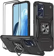 [KANSi] Case for Oppo Find X5 Lite, Protective Film [Pack of 2] Silicone TPU Hard PC Mobile Phone Cases 360 Degree Rotating Ring Holder Bumper Shock Absorption Protective Case - Black