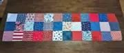 "4th of JULY" QUILTED TABLE RUNNER 53"x 13" hm w/4.5"sq Red-Blue prints, NEW