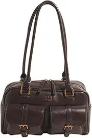 [GETBSTOOP] Leather Top Handle Bags for Women Top Handle Purse Retro Handbag Multi Pocket Bowling Bag Shoulder Bag Underarm Bag