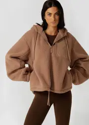 [Lorna Jane] Teddy Zip Through Hoodie in Neutrals, Size - Large L Walnut