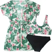 [SEAUR] Children's Girls' Bikini Set with Bathrobe, 3-Piece Swimsuit, Hawaiian Floral Pattern, Swimsuit, Summer Beach Swimming Swimsuit, 90-160 cm