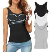 Women's Basic Wide Strape Tank Top Scoop Neck Cami With Built-in Shelf Bra Vest