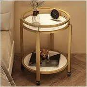 Round End Table, 2-Tier Marble Sofa Side Table Modern Nightstand Bedside Table Small Coffee Accent Table for Living Room Bedroom(Gold,with Wheels)