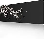 ETZ Japanese Plum Blossoms Black Mouse Pad (31.5 × 11.8 × 0.12 inch) Extended Large Mouse Mat Desk Pad, Stitched Edges Mousepad,Non-Slip Rubber Base,Gaming Mouse Pad XL.