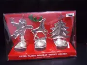 3 PC. SILVER PLATED HOLIDAY VOTIVE CANDLE HOLDER SET-REINDEER, SANTA & XMAS TREE