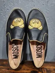 Moschino Teddy Bear Black Leather Espadrilles Driving Loafers Flats 38 7.5 In US