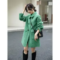 在飛比找ETMall東森購物網優惠-綠色短款條紋外套雙面羊絨大衣