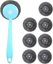 PEPLAYTAL 1Set Stainless Steel Scrubber Kitchen Cleaning Ball Brush with Plastic Handle Durable Steel Wire Mesh for Pots and Pans Convenient Hanging Design for Easy Drying