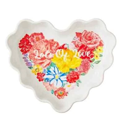 Pioneer Woman Pie Plate Heart Shaped Ceramic Stoneware Baking Dish Floral Pink