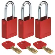 Brady Alu-Red-38St-Ka3pk Lockout Padlock,Aluminum,Silver,Pk3