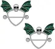 [Niaspi] 14G Halloween Green Bat Nipple Bars Rings for Women Unisex Surgical Stainless Steel Shiny Sequin Vintage Gothic Skull Enamel Wings Skeleton Nipplerings Nipple Studs Barbells Piercing Body Jewelry, One