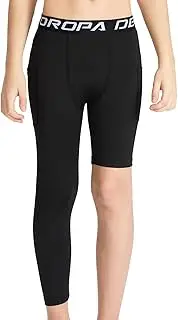 [DEVOROPA] Youth Boys One Leg Compression Pants for Basketball 3/4 Leggings Sports Tights Athletic Soccer Baselayer Pockets