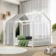 Oikiture Kids Wooden Bed Frame House Beds Platform Double White Timber Pine