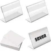 BILLIOTEAM 50 PCS Mini Clear Acrylic Sign Display Holder with 50 PCS Blank Labels,Horizontal Slanted L-Shape Acrylic Name Card Price Card Tag Label Counter Top Stand(80mm x 50mm)