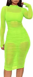 [Mojessy] Women's Sexy 3 Piece Outfits Three Pc Sets See Through Mesh Ruched Midi Dresses + Crop Tank Tops + Skinny Shorts Clubwear