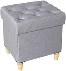 CAROLMADE Folding Storage Ottoman Cube Linen Footstool with Wood Legs Grey