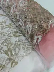 CLEAR PINK - Beaded Lace/Sequin Embroider Lace Fabric - Sold by The Yard.