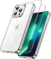 JETech 3 in 1 Magnetic Case for iPhone 13 Pro Max 6.7-Inch with 2 Pack Tempered Glass Screen Protectors, Compatible with MagSafe, Shockproof Bumper Phone Cover (Clear)